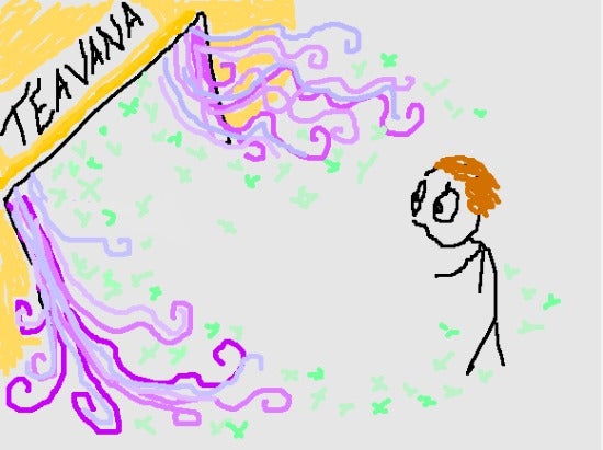 Illustration of a stick figure walking into a Teavana with purple lines spilling outside of the door 